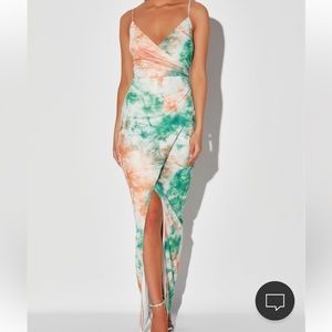 LULUS LOVERS PARADISE METALLIC TEAL GREEN MULTI TIE-DYE MAXI DRESS